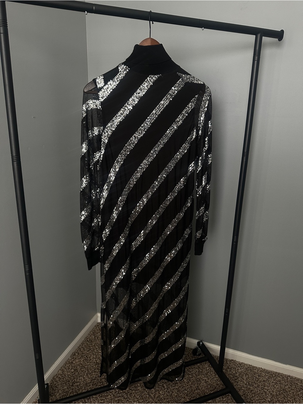 AllSaints Black Maxi Dress with Silver Sequin Diagonals - Picture 2 of 3